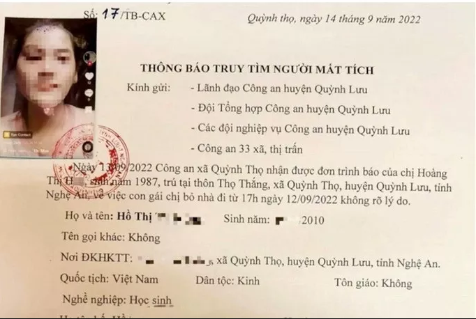  Nữ sinh lớp 7 “mất tích” bí ẩn cùng chị em họ: Ngày 15/9, thông tin từ UBND xã Quỳnh Thọ (huyện Quỳnh Lưu, tỉnh Nghệ An) cho biết lực lượng công an đang phối hợp với gia đình để tìm kiếm tung tích của em H.T.T.M.(SN 2010, trú thôn Thọ Thắng, xã Quỳnh Thọ) trên địa bàn bỏ nhà đi không rõ lý do. Gia đình đã tìm kiếm nhiều nơi và đã trình báo sự việc lên cơ quan công an để nhờ giúp đỡ. Được biết, cùng rời nhà đi với M. còn có em T.T.X. (SN 2009, trú xã Diễn Hùng, huyện Diễn Châu, Nghệ An). Hiện tại, lực lượng chức năng đang phối hợp với các gia đình để tìm kiếm tung tích 2 em.