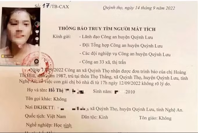  Nữ sinh lớp 7 “mất tích” bí ẩn cùng chị em họ: Ngày 15/9, thông tin từ UBND xã Quỳnh Thọ (huyện Quỳnh Lưu, tỉnh Nghệ An) cho biết lực lượng công an đang phối hợp với gia đình để tìm kiếm tung tích của em H.T.T.M.(SN 2010, trú thôn Thọ Thắng, xã Quỳnh Thọ) trên địa bàn bỏ nhà đi không rõ lý do. Gia đình đã tìm kiếm nhiều nơi và đã trình báo sự việc lên cơ quan công an để nhờ giúp đỡ. Được biết, cùng rời nhà đi với M. còn có em T.T.X. (SN 2009, trú xã Diễn Hùng, huyện Diễn Châu, Nghệ An). Hiện tại, lực lượng chức năng đang phối hợp với các gia đình để tìm kiếm tung tích 2 em.