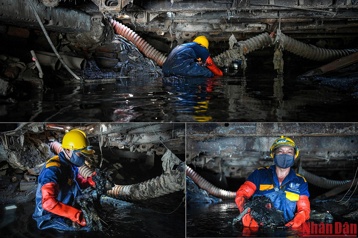 Nếu ví hệ thống cống như mạch máu ngầm của Hà Nội thì mạch máu ấy đang bị ùn ứ lại bởi... rác. Rác mắc trên bó cáp viễn thông mắc ngang dòng chảy. Rác tứ bề bủa vây, đùn lên thành đống. Những người thợ cống như ông Công có nhiệm vụ làm sạch và bảo đảm cho sự tuần hoàn của nước thải. 