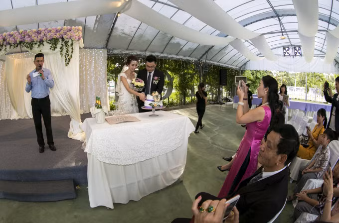 Cắt bánh ga tô hạnh phúc.