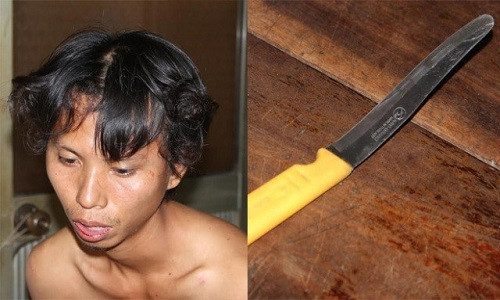 Đối tượng Trung và con dao dùng để đe dọa nữ nhân viên đòi quan hệ tình dục. (Ảnh: CAND)