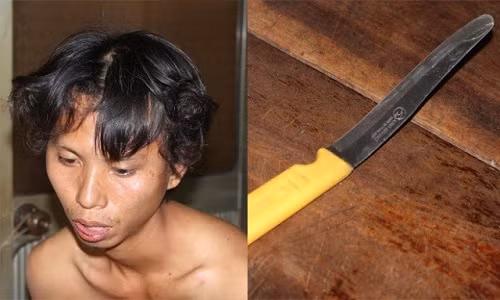 Đối tượng Trung và con dao dùng để đe dọa nữ nhân viên đòi quan hệ tình dục. (Ảnh: CAND)