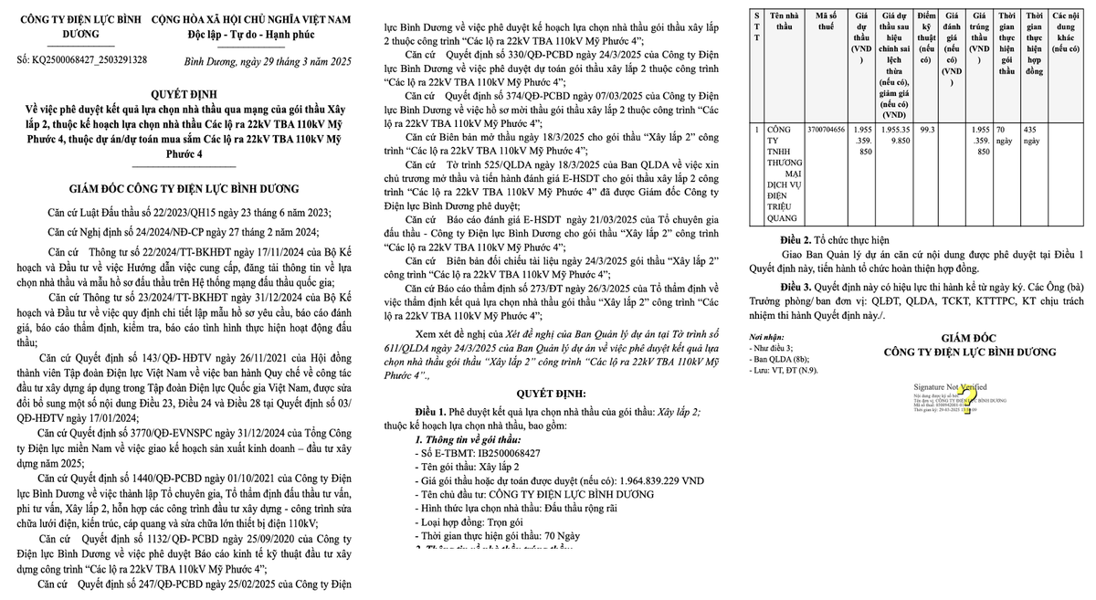 Dien Trieu Quang trung lien tiep nhieu goi thau tai Dien luc Binh Duong