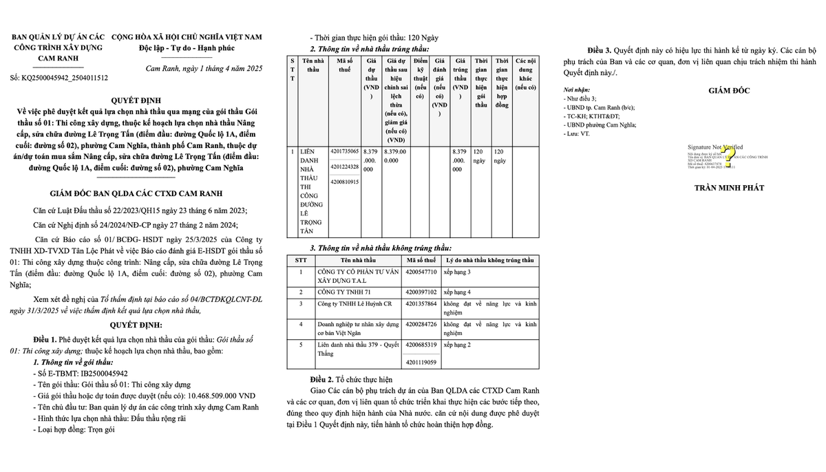 Goi thau nang cap duong Le Trong Tan hon 8 ty tai Ban Cam Ranh ve tay ai?