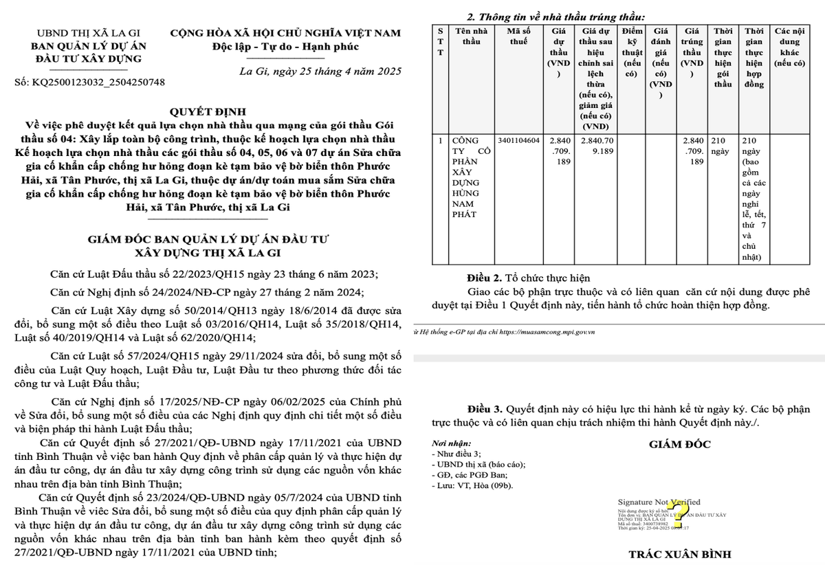 Binh Thuan: Cty Hung Nam Phat lien tiep trung nhieu goi thau trong 1 thang