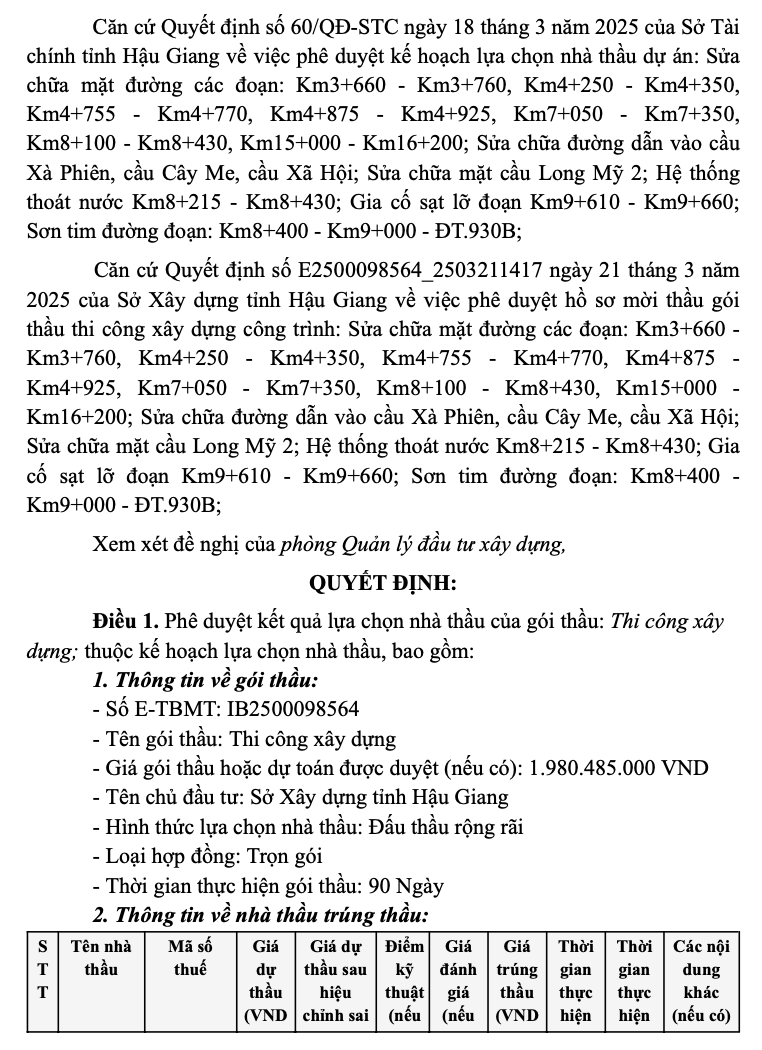 Nhà thầu Thanh Nhựt 1 ngày trúng liền 2 gói thầu tại Hậu Giang Nha thau Thanh Nhut 1 ngay trung lien 2 goi thau tai Hau Giang