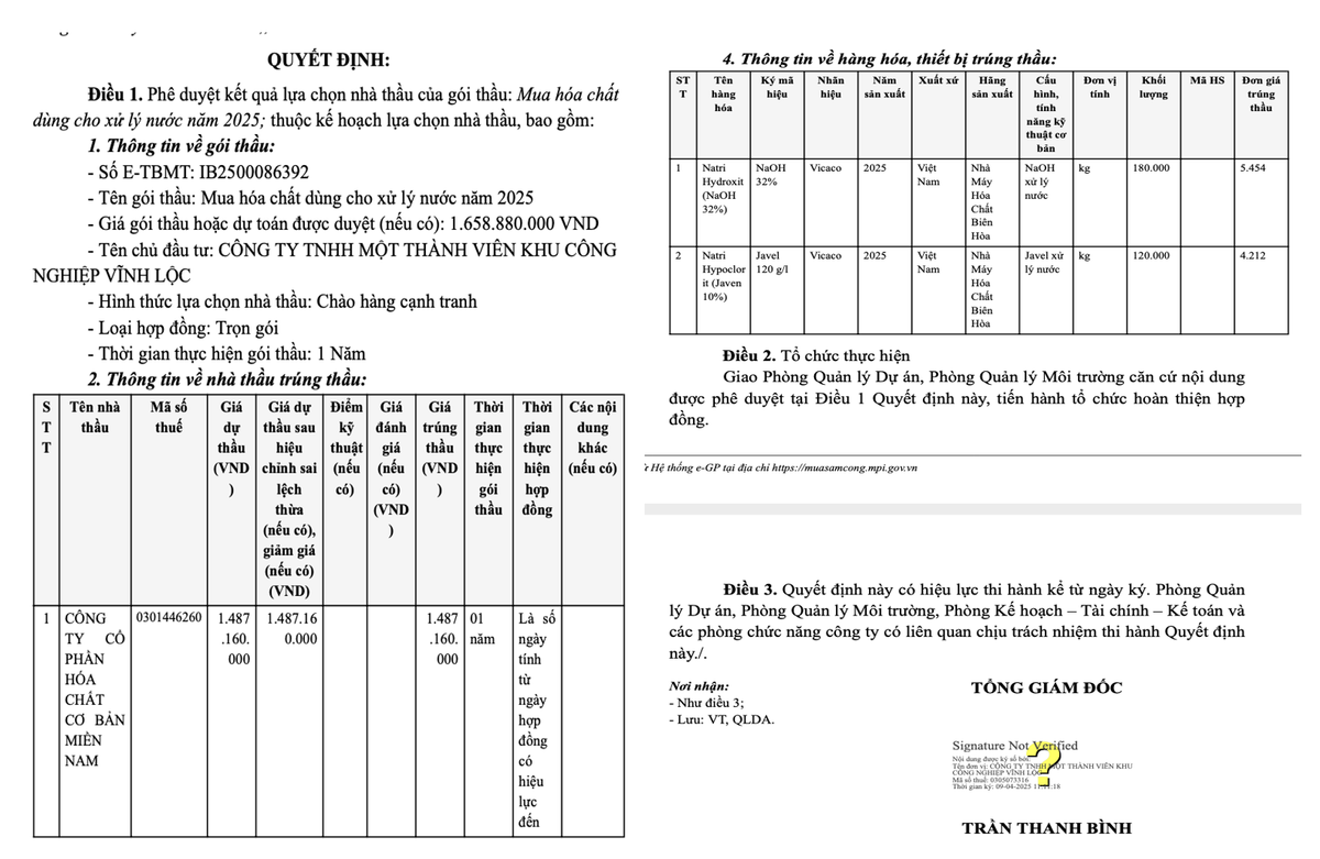 Nang luc nha thau trung goi mua hoa chat xu ly nuoc tai KCN Vinh Loc