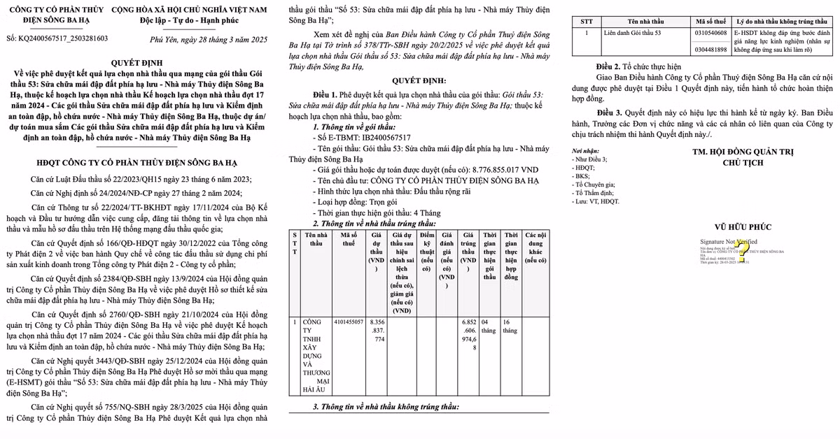 Goi thau sua chua cua Thuy dien song Ba Ha ve tay Cty Hai Au