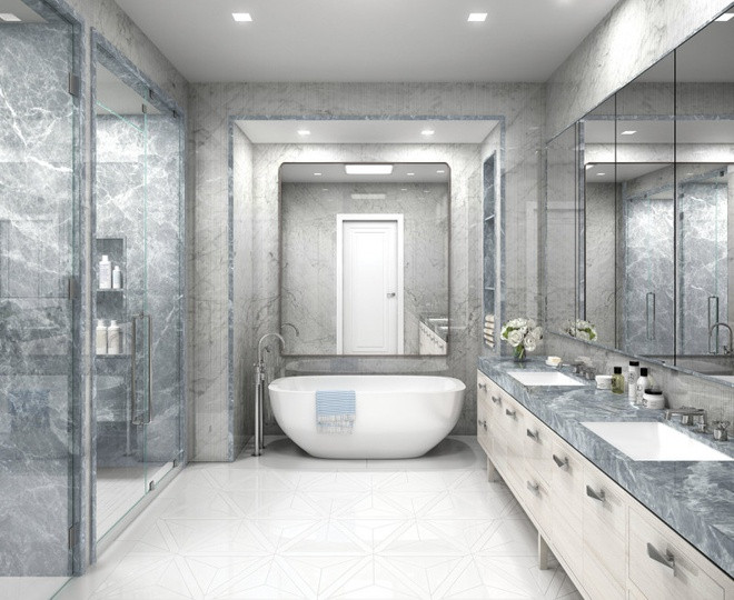 Phòng tắm xa hoa, hào nhoáng, lộng lẫy, được cung cấp đầy đủ các trang thiết bị cao cấp, đắt tiền, và được chia thành nhiều khu vực khác nhau.