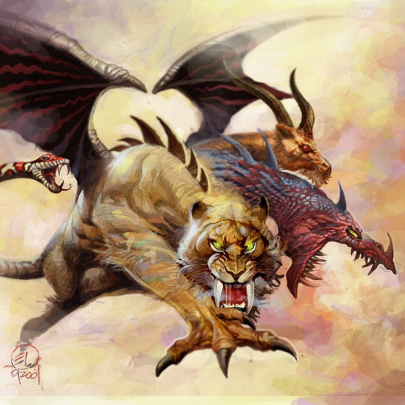 Chimera được miêu tả có đầu và thân của sư tử, đuôi của một con rắn. Đặc biệt, trên lưng của quái vật Chimera mọc ra một cái đầu dê và một đầu rồng.