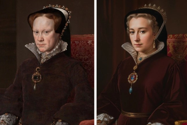 Nữ hoàng Mary I của Anh trong ảnh phục dựng bằng AI mang vẻ đẹp hiền hậu, toát lên phong thái quyền lực của người đứng đầu hoàng tộc.
