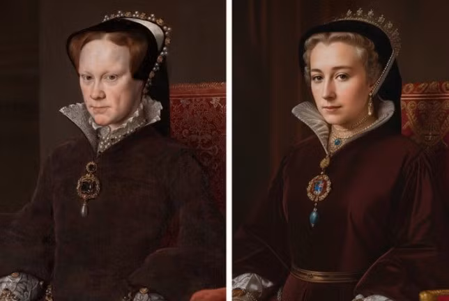 Nữ hoàng Mary I của Anh trong ảnh phục dựng bằng AI mang vẻ đẹp hiền hậu, toát lên phong thái quyền lực của người đứng đầu hoàng tộc.