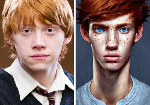 Nhân vật Ron Weasley được miêu tả trong bộ truyện Harry Potter có vóc dáng cao và gầy, đôi mắt xanh và mái tóc đỏ. Cậu bé phù thủy này có làn da tàn nhang và chiếc mũi dài. Hình ảnh phục dựng bằng AI đã làm nổi bật các chi tiết này hơn so với nhân vật trong phim.