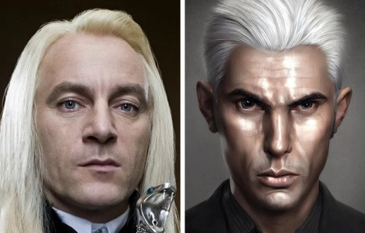 Lucius Malfoy có khuôn mặt nhọn, xanh xao với đôi mắt xám lạnh lùng và mái tóc ngắn màu vàng nhạt. Hình ảnh phục dựng bằng AI cho thấy Lucius trông đáng sợ, nguy hiểm hơn so với nhân vật trong phim.