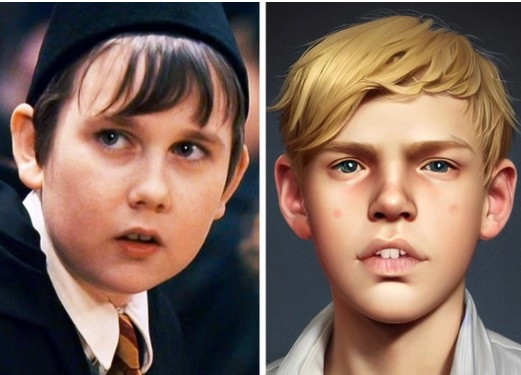 Trong ảnh phục dựng bằng AI, Neville Longbottom có vóc dáng thấp bé, hơi mũm mĩm, mặt tròn và có mái tóc vàng. Đặc biệt, Neville có răng khểnh khá giống mô tả trong bộ truyện.