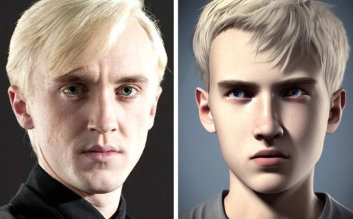 Draco Malfoy có khuôn mặt góc cạnh, mái tóc vàng và đôi mắt xám trông khá lạnh lùng.