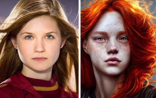 Khi xem ảnh phục dựng bằng AI, nhiều người cảm thấy Ginny Weasley như bước ra từ trang sách khi giống hệt với mô tả của nhà văn Rowling. Cô có vóc dáng nhỏ nhắn nổi bật với mái tóc dài màu đỏ rực, mặt đầy tàn nhang và đôi mắt nâu sáng.
