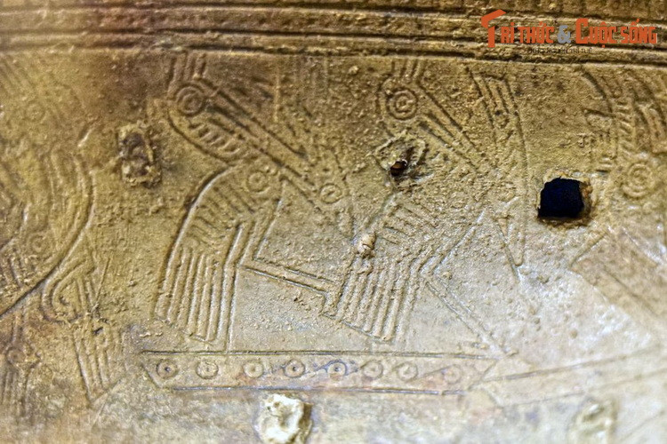 Trên tang trống đồng Hoàng Hạ có hình ảnh các con thuyền, giữa mỗi thuyền có hai đến bốn con chim có mào, mỏ dài, chân cao, đuôi dài, con nọ đứng trên lưng con kia (như đang đạp mái). Dưới thuyền có con chim mỏ dài ngậm cá...