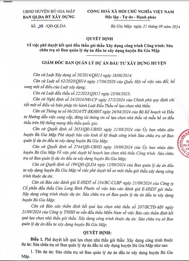 Binh Phuoc: Goi sua chua tru so Ban QLDA huyen Bu Gia Map da co chu