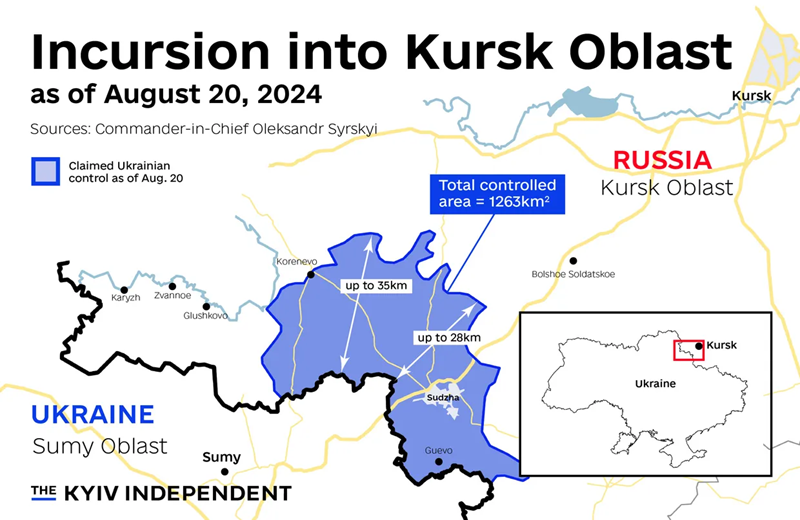 Theo quan sát viên Yuri Podolyaka ngày 11/10, lực lượng viện binh Ukraine bắt đầu phản công để giành lại các vị trí đã mất, đặc biệt là làng Zeleny Shlyakh và Sverdlikovo, cũng như đường cao tốc 38K-030 từ Korenevo đến Sudzha. Ảnh: Kyiv Independent.