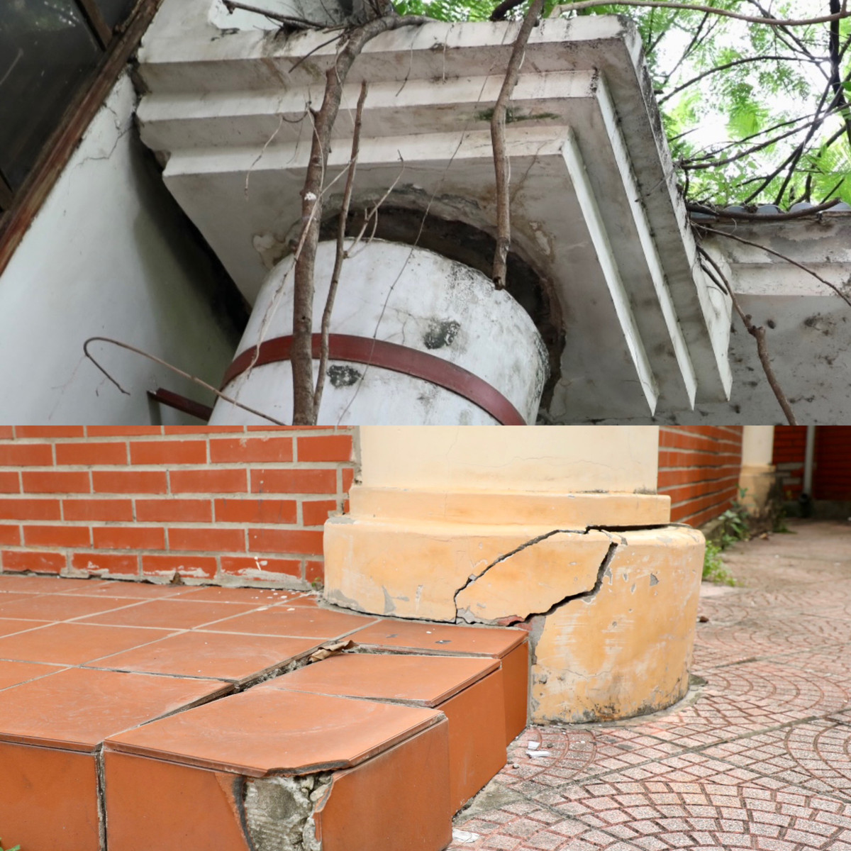 Trụ cột nhiều nơi cũng trong tình trạng hư hỏng nặng, có trụ đứt lìa phải dùng dây chống đỡ.