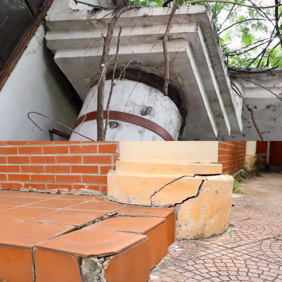 Trụ cột nhiều nơi cũng trong tình trạng hư hỏng nặng, có trụ đứt lìa phải dùng dây chống đỡ.