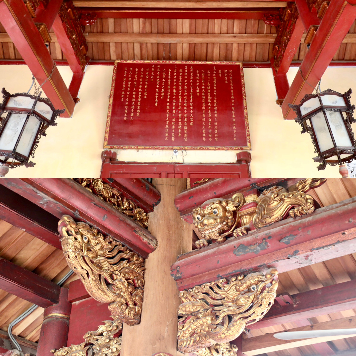 Bộ đỡ mái đều được làm theo đúng kiểu “giá chiêng chồng rường con nhị”, nét chạm khắc tỉ mỉ, chắc, khỏe.