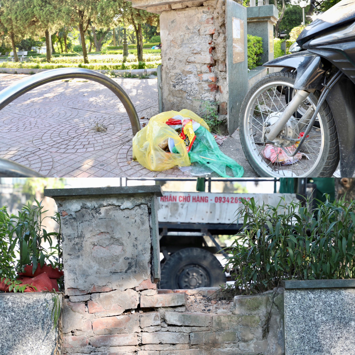 Tường bao ốp đá bong tróc, lộ lớp gạch vữa bên trong.