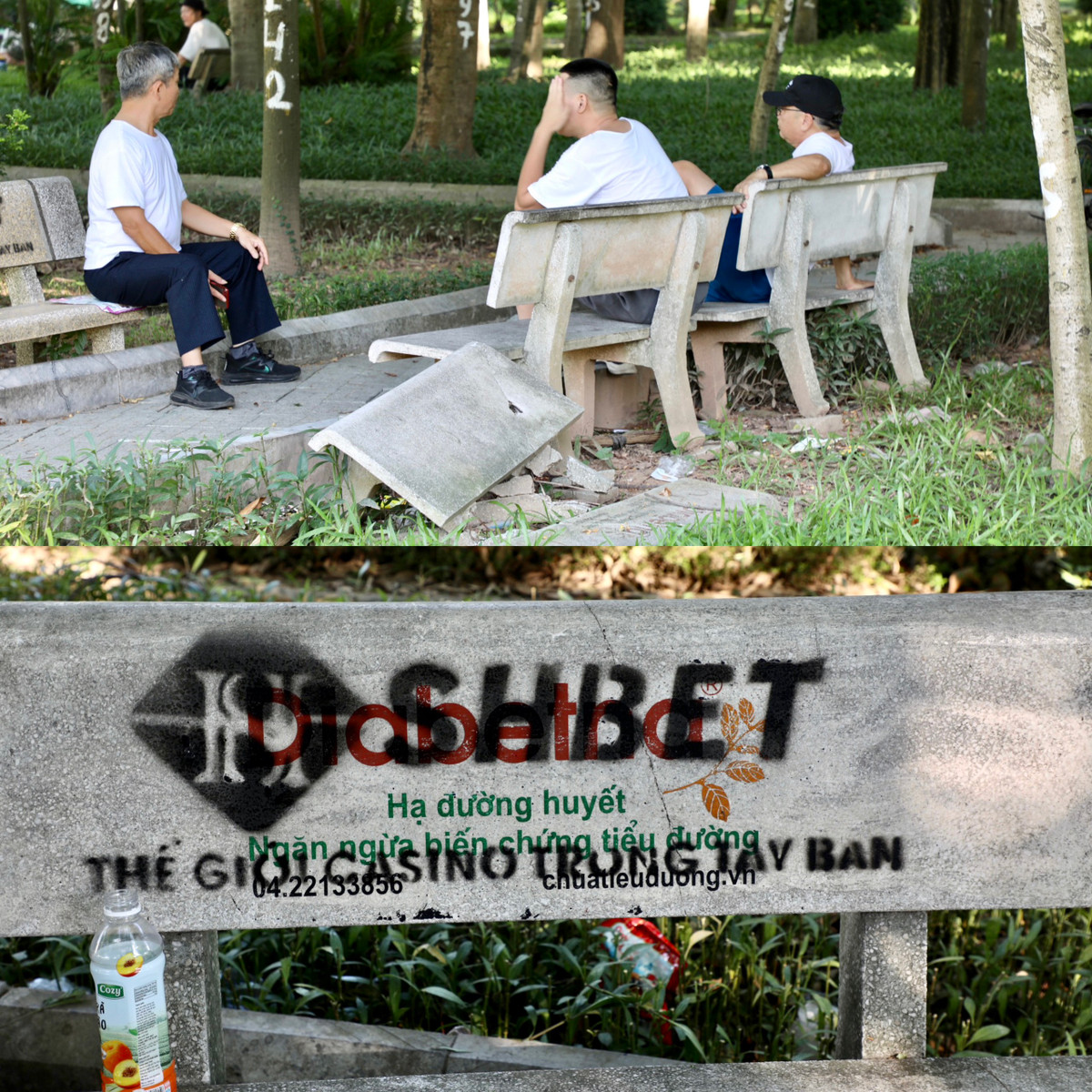 Ghế đá gẫy, vỡ và bị xịt sơn quảng cáo cá độ trái phép.