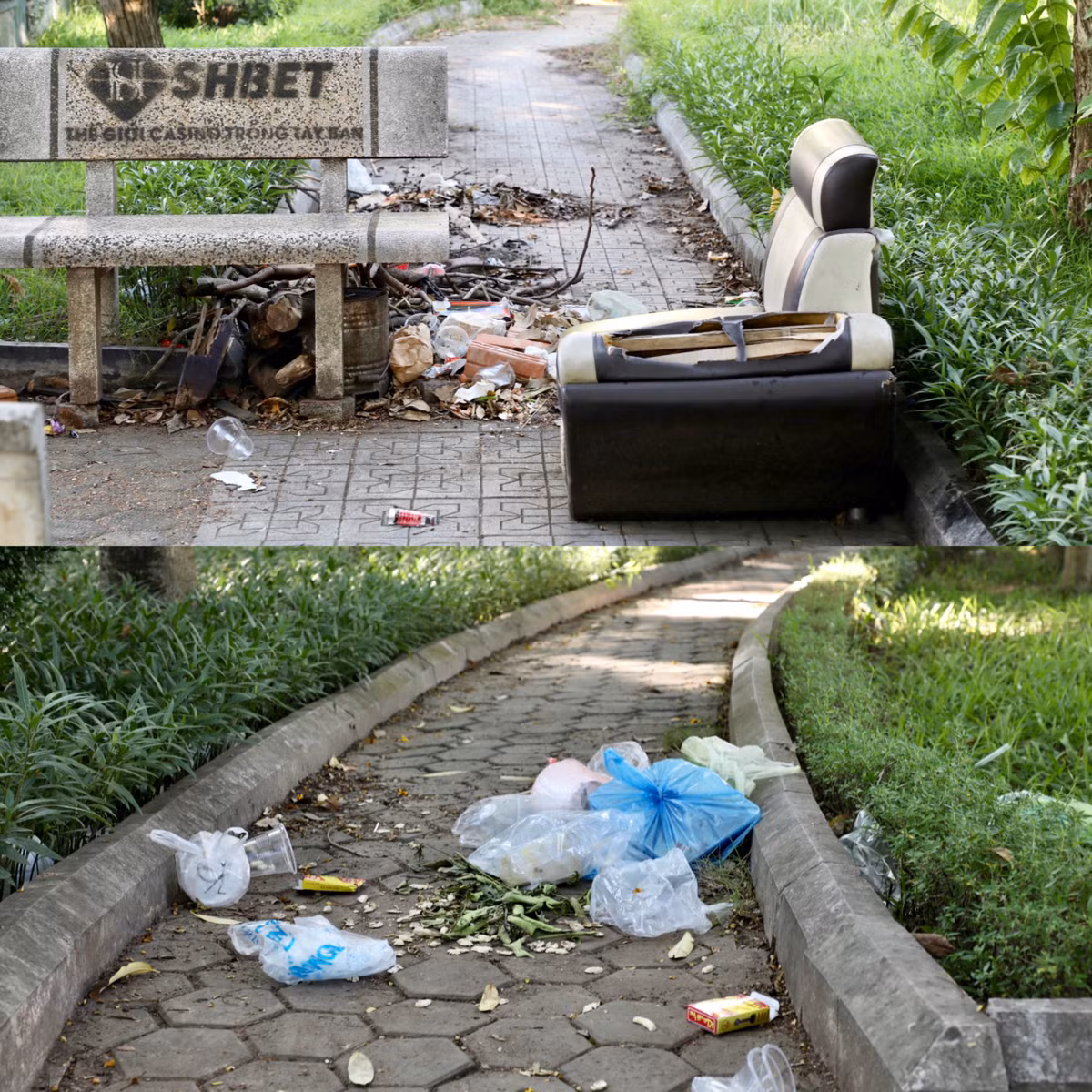 Rác thải bừa bãi chắn lối đi lại gây mất vệ sinh, mỹ quan đô thị.