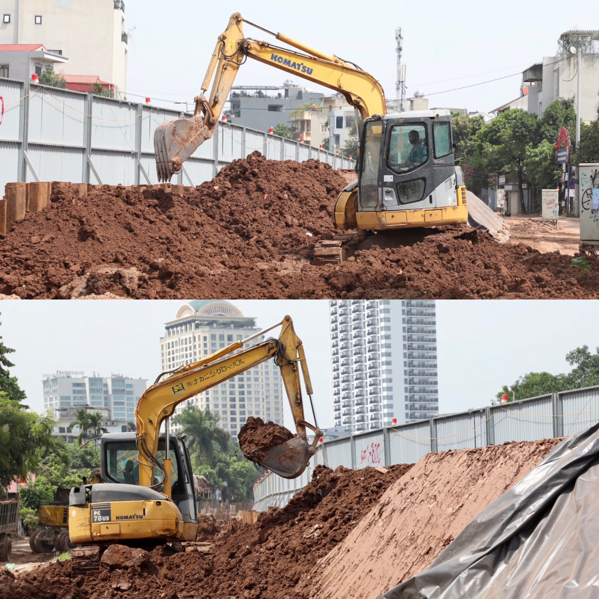 Đơn vị thi công tiến hành đắp hoàn trả toàn bộ phạm vi đê đã đào hạ cao trình chống lũ.