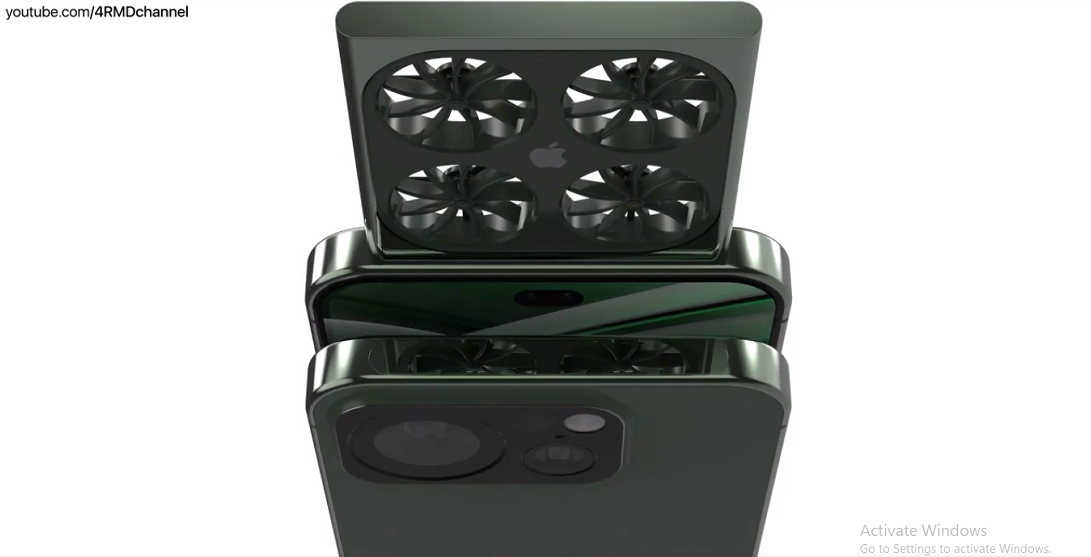 iDrone có 4 cánh quạt ở 4 góc cho phép nó bay lượn và được trang bị 2 camera 12MP, hỗ trợ quay video 4K và sạc không dây.