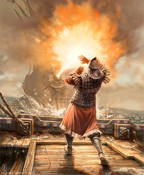 Kallinikos đã truyền công thức của lửa Hy Lạp cho hoàng đế Đông La Mã, và sau đó các nhà chức trách đã phát triển một loại vũ khí tương tự ống tiêm để đẩy hỗn hợp chất lỏng gây cháy vào tàu địch.