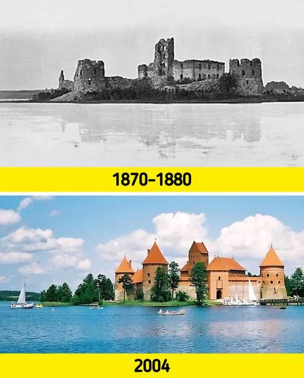 9. Tàn tích Lâu đài Trakai trước và sau khi được trùng tu và hoàn thành vào năm 1961.