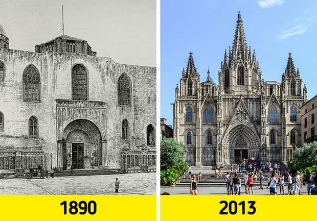 10. Nhà thờ Holy Cross và mặt tiền Saint Eulalia tại Ba Lan năm 1890 vẫn mang dáng vẻ cũ. Sau khi được cải tạo vào năm 1913, nhà thờ này đã mang phong cách gothic và là điểm đến nổi tiếng.