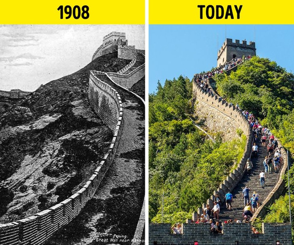 6. Vạn Lý Trường Thành của Trung Quốc năm 1908 (ảnh trái). Ngày nay, địa điểm này thu hút đông đảo du khách tham quan.