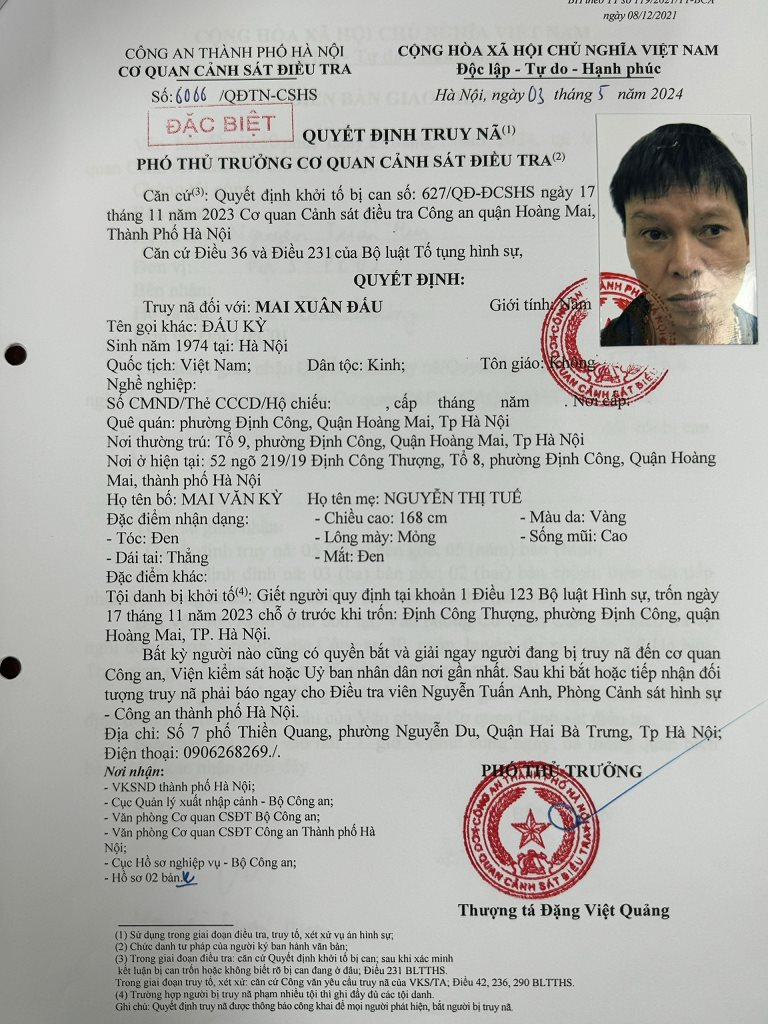 Hà Nội: Truy nã đặc biệt "ông trùm" Đấu Kỳ về tội giết người Ha Noi: Truy na dac biet