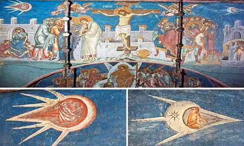Trong bức tranh "Chúa Jesus bị đóng đinh trên cây thánh giá" được vẽ trên tường ở tu viện Visoki Decani tại Kosovo, Nam Tư, năm 1350, nhiều người chú ý đến hai vật thể lạ chở theo phi công xuất hiện trên bầu trời ở cả hai bên của Chúa Jesus. Hay vật thể này trông rất giống vật thể bay không xác định (UFO).