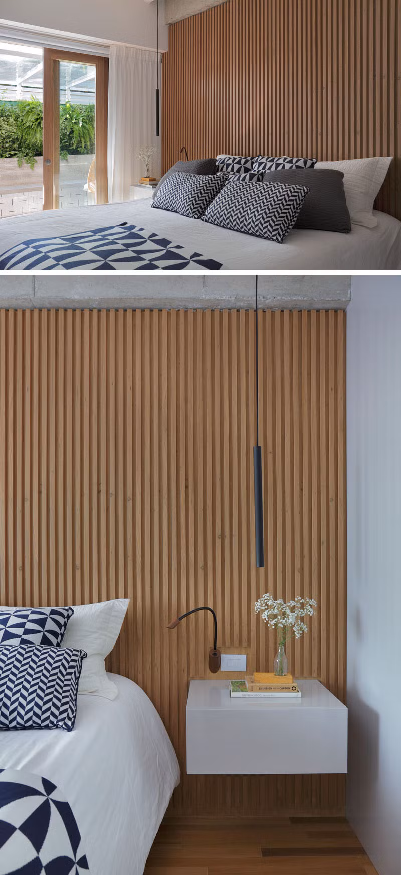 Tại phòng ngủ chính kiến trúc sư thiết kế một bức tường bằng gỗ mộc nổi bật. Cửa trượt bằng kính khung gỗ mở ra không gian bên ngoài với chiếc ghế treo.