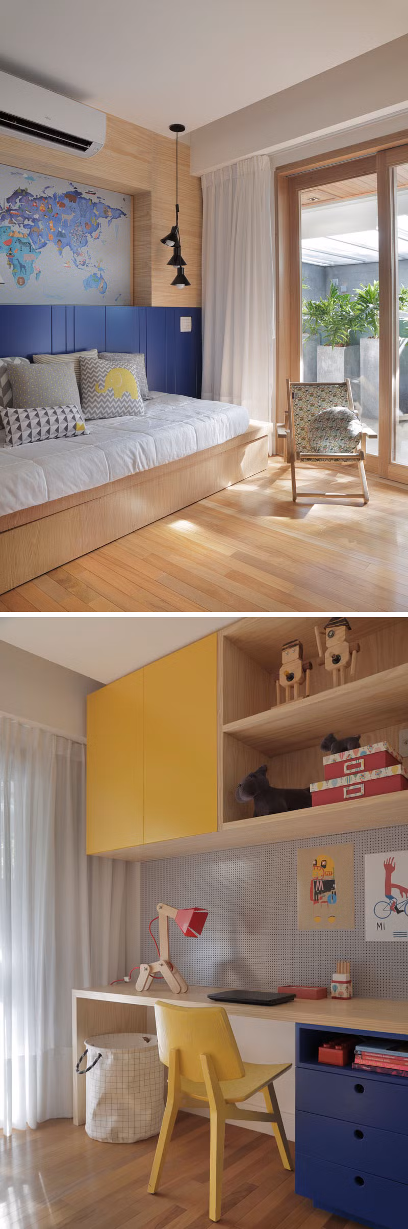 Một phòng ngủ khác dành cho trẻ thiết kế giá sách bằng gỗ với tông màu chính là trắng, điểm thêm những ô màu xanh, hồng và vàng nhẹ nhàng. Bức tường đối diện được sơn màu xanh ngọc, bố trí bàn học và một chiếc ghế.