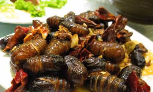 Món Eri Polu được chế biến từ nhộng tằm và ăn kèm với "Khorisa". "Khorisa" là măng lên men có mùi rất khó ngửi. Ảnh: Indiamarks.