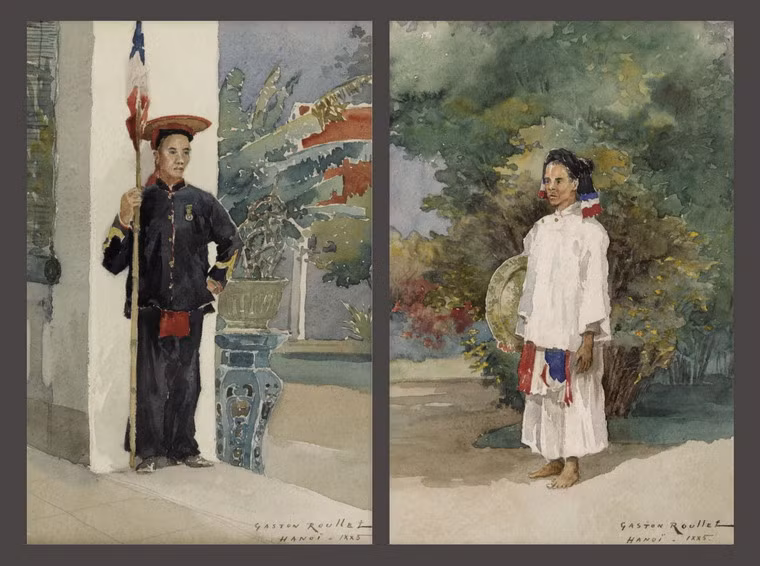 Hai bức tranh "Thường dân Việt Nam" (phải) và "Lính hầu Đông Dương" (trái) của Gaston Roullet (1847-1925), vẽ năm 1885.