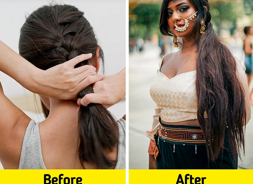 Kích thích tóc mọc nhanh. Tóc hư tổn, đặc biệt là tóc dài sẽ yếu và dễ gãy. Để nuôi mái tóc dài, phụ nữ Ấn sẽ tết tóc khi ngủ. Cách làm này khiến sợi tóc có “điểm tựa”, giảm gãy rụng..