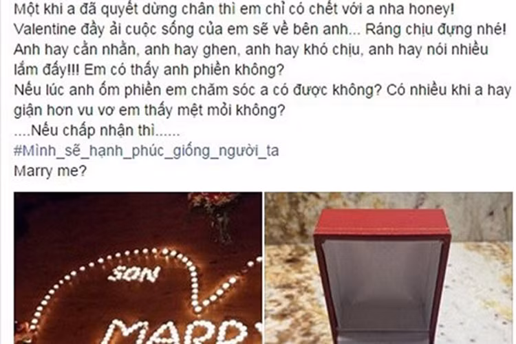 Năm 2016, tin đồn Cao Thái Sơn lấy vợ gây xôn xao dư luận. Trên trang cá nhân, anh liên tục đăng tải hình ảnh tình cảm bên một cô gái. Cả hai không chỉ xưng hô vợ chồng mà còn khoe hình ảnh cầu hôn và nhẫn đính hôn. Lúc đó, Cao Thái Sơn tâm sự anh có bạn gái tuổi 9x và cả hai yêu nhau được 2 năm. Ảnh: Thế giới trẻ