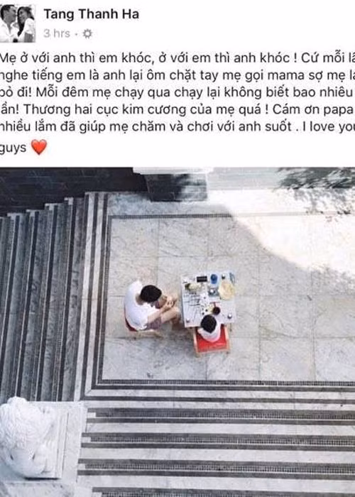 Tăng Thanh Hà sinh con gái vào tháng 3/2017. Sau vài ngày lâm bồn, cô từng chia sẻ rất vất vả, lo toan khi cùng một lúc phải chăm sóc hai con nhỏ. Ảnh: FBNV