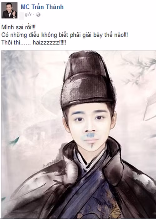 Giữa tâm bão tại Thách thức danh hài, nam danh hài được cho là lên tiếng thừa nhận chọn sai người chiến thắng khi viết trên trang fanpage: “Mình sai rồi! Có những điều không biết phải giãi bày thế nào! Thôi thì…haiz”. Ảnh: Vietnamnet