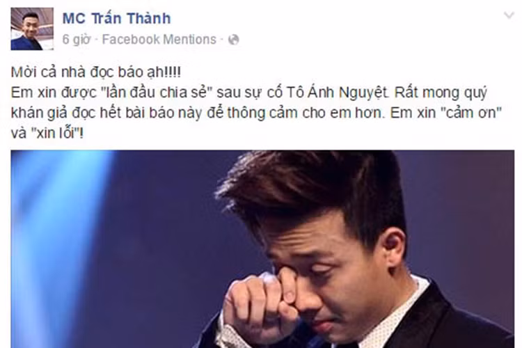 Giữa ồn ào cải biên vở cải lương Tô Ánh Nguyệt, Trấn Thành giữ im lặng. Chỉ đến khi lùm xùm lắng xuống, anh mới lên tiếng. Trong cuộc phỏng vấn với Đời sống pháp luật, Trấn Thành nhận sai đồng thời xin lỗi khán giả. Ảnh: FBNV