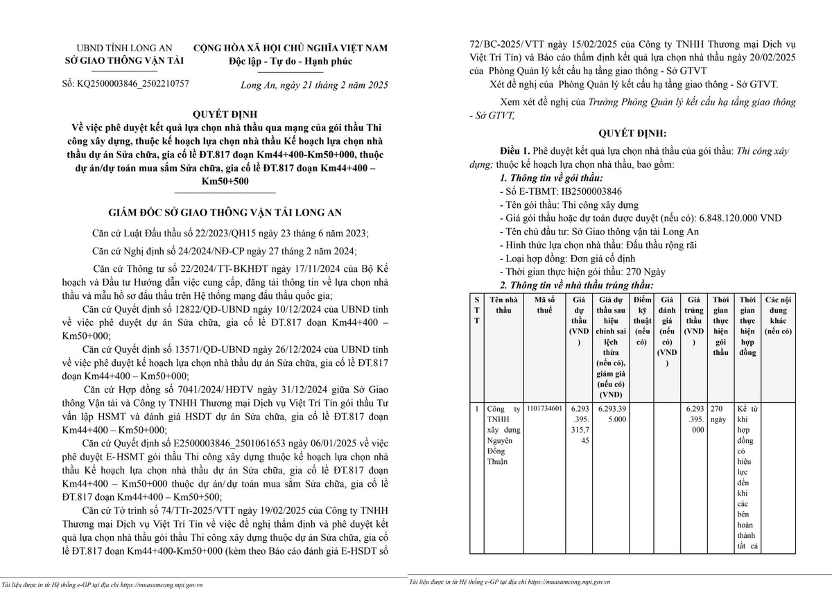 Long An: Gói thầu Sửa chữa, gia cố lề đường về tay Cty Nguyên Đồng Thuận Long An: Goi thau Sua chua, gia co le duong ve tay Cty Nguyen Dong Thuan