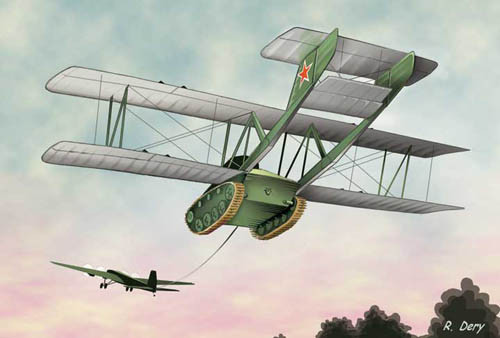 Xuất phát từ ý định cung cấp vũ khí lớn cho lực lượng dù mà lại khắc phục được nhược điểm là người và vũ khí không phải tách biệt với nhau, người ta đã cố gắng chế tạo những chiếc xe tăng bay.