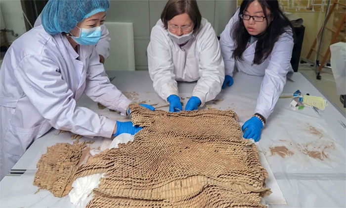 3. Giáp "vảy cá" Trung Quốc (Niên đại: Thời kỳ nhà Tần 221-206 TCN, xuất xứ: Trung Quốc): Giáp "vảy cá" là một loại giáp lamellar gồm các mảnh kim loại hoặc da nhỏ hình vảy cá, liên kết với nhau bằng dây da. Bộ giáp này cung cấp sự linh hoạt và bảo vệ hiệu quả cho các chiến binh Trung Quốc.(Ảnh: Patrick Wertmann)